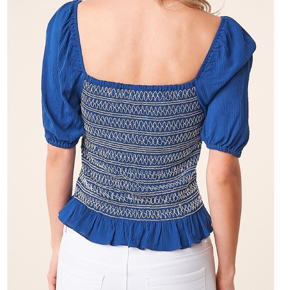 Blue Smocked Square Neck Top - Picture 3 of 5